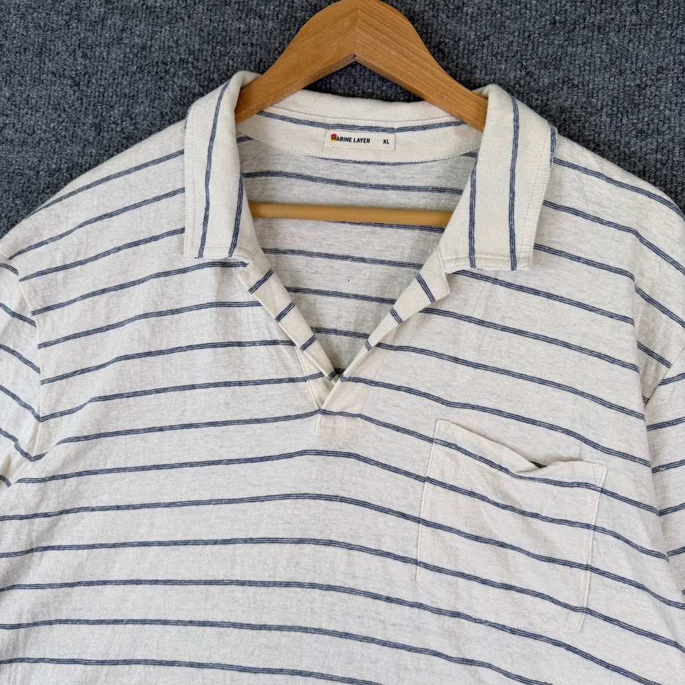 Marine Layer Polo Shirt Mens XL Beige Green Striped Hemp Open Johnny Collar